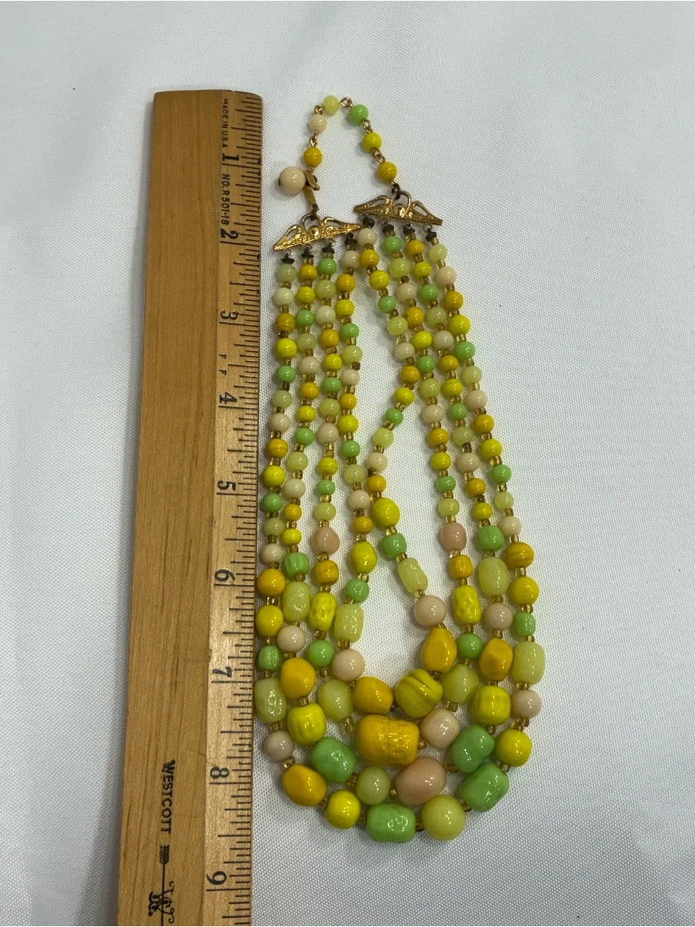 Vintage Multi-strand Pastel Bead Necklace - Yellow, Lime, Pale Peach Art Glass
